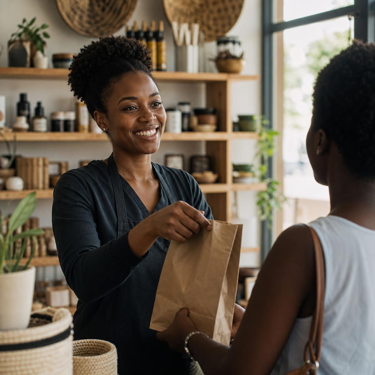 A confident African business owner in her shop welcoming customers