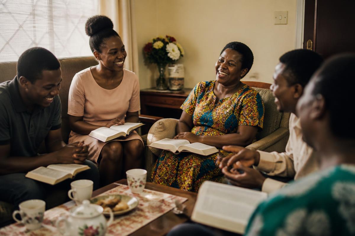 A small home fellowship circle laughing together with Bibles open