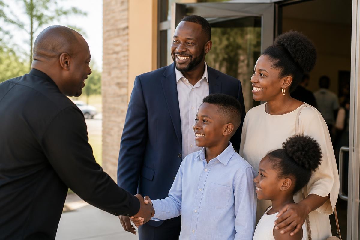 A family being warmly greeted by an usher at church