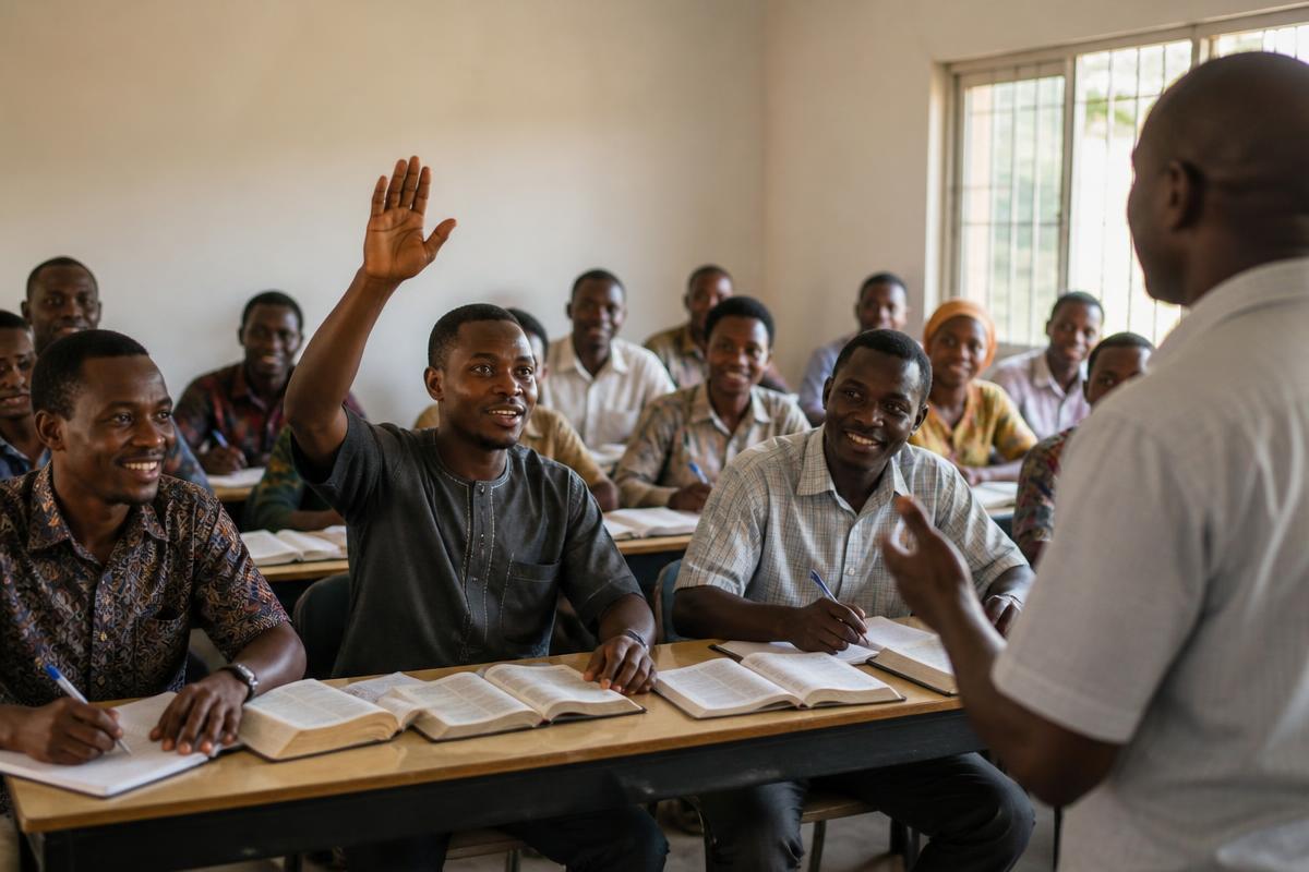 A WOFBI classroom of students taking notes