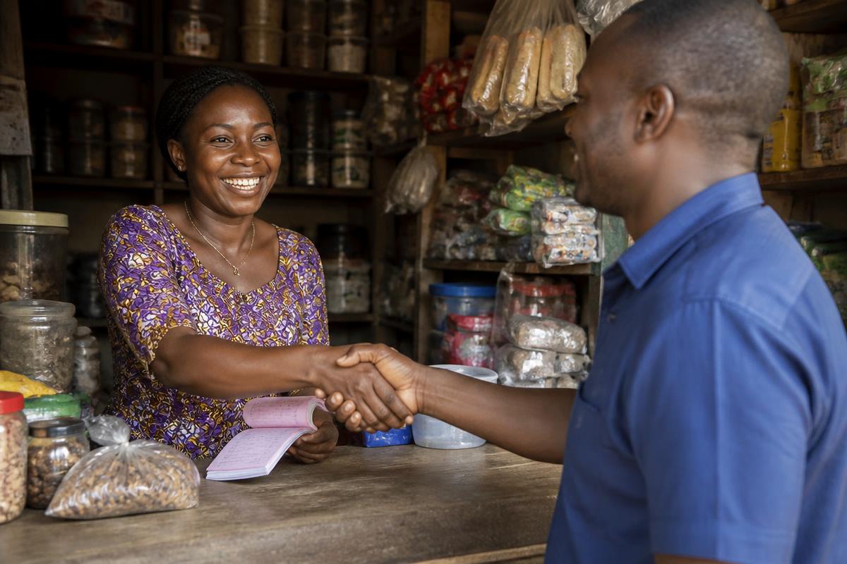 Two entrepreneurs shaking hands at a small shop counter